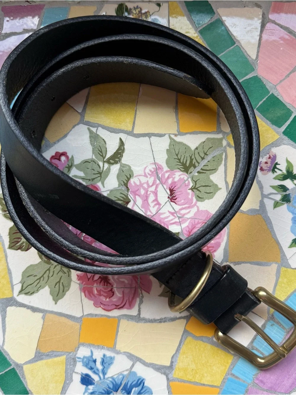Black Leather Belt Size Large 36-40 with Solid Brass Metal Buckle Unbranded